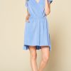 V Neck Mini Dress With Pockets Cinch Waist
